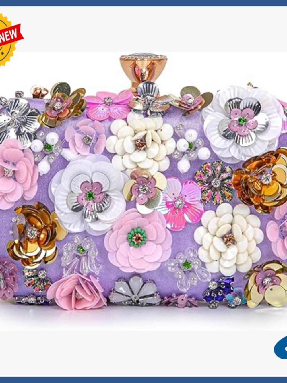Sequin Clutch with 3D Flowers, Detachable Chain Strap, Evening Bag